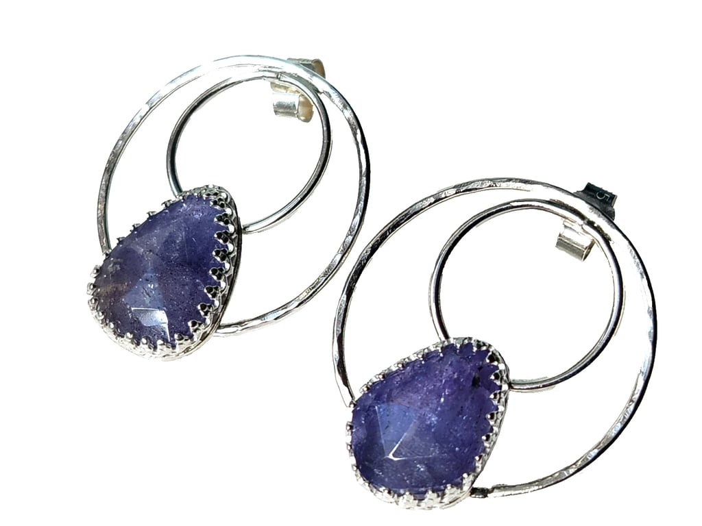 Tanzanite Earrings Recycled Silver Jewellery Gift Rose Cut Gemstone Hoops