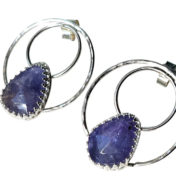 Tanzanite Earrings Recycled Silver Jewellery Gift Rose Cut Gemstone Hoops