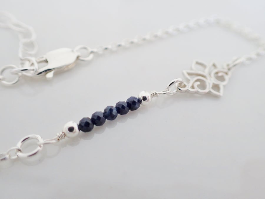 Sterling Silver lotus flower blue sapphire bracelet, jewellery gift for her