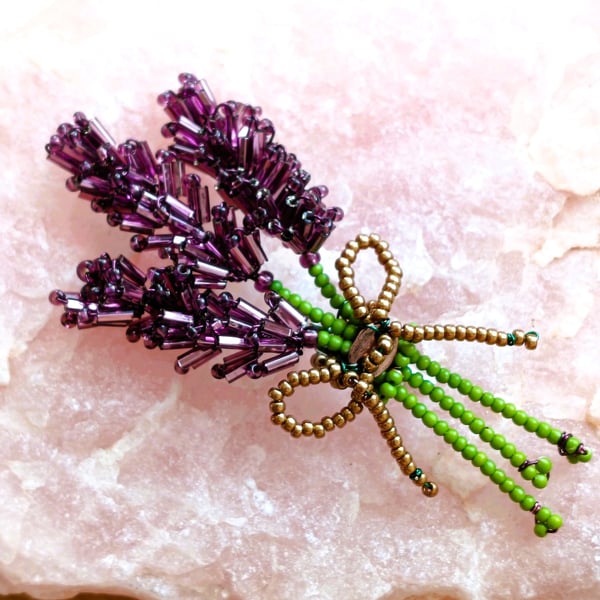 Beaded Stems of Lavender Flower Brooch Pin