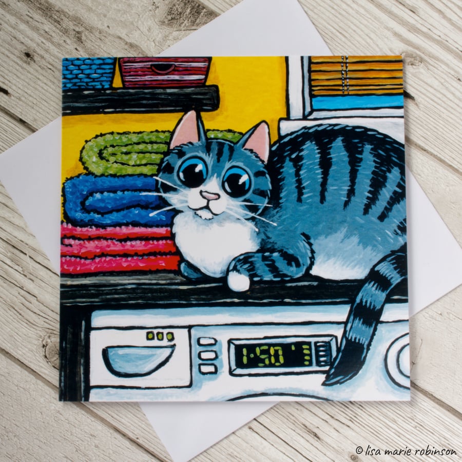 Tabby Cat in Laundry Room Blank Greeting Card