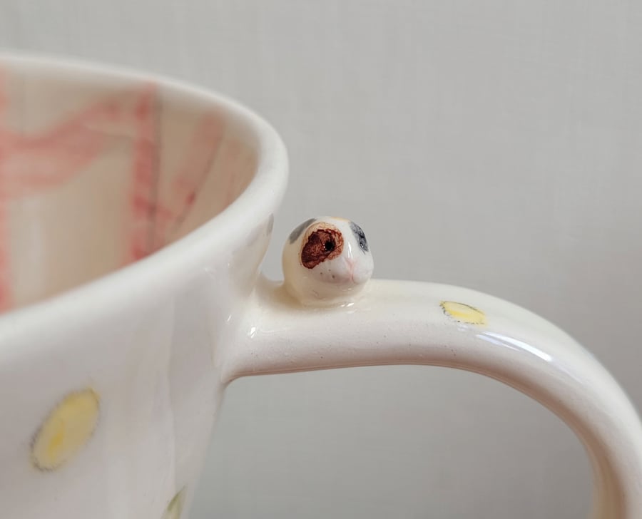 Guinea pig cup with multi-coloured spots, pink gingham and pawprints, pet lover