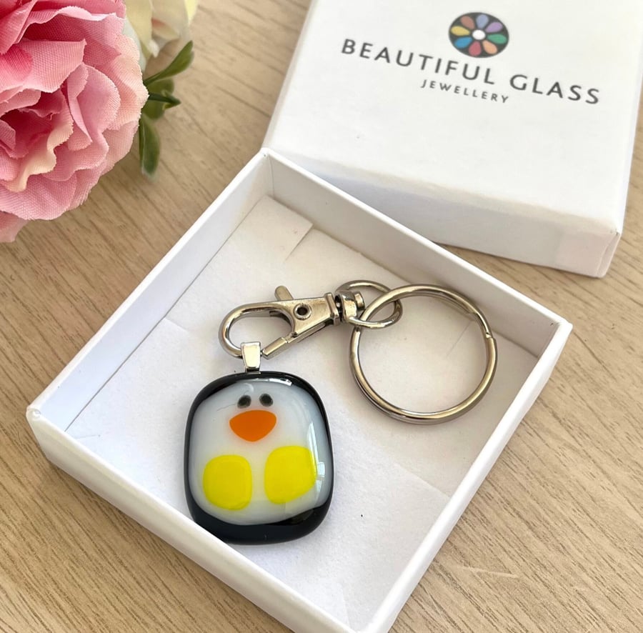 Penguin keyring, teacher gift, cute animal present, fused glass, penguin lover
