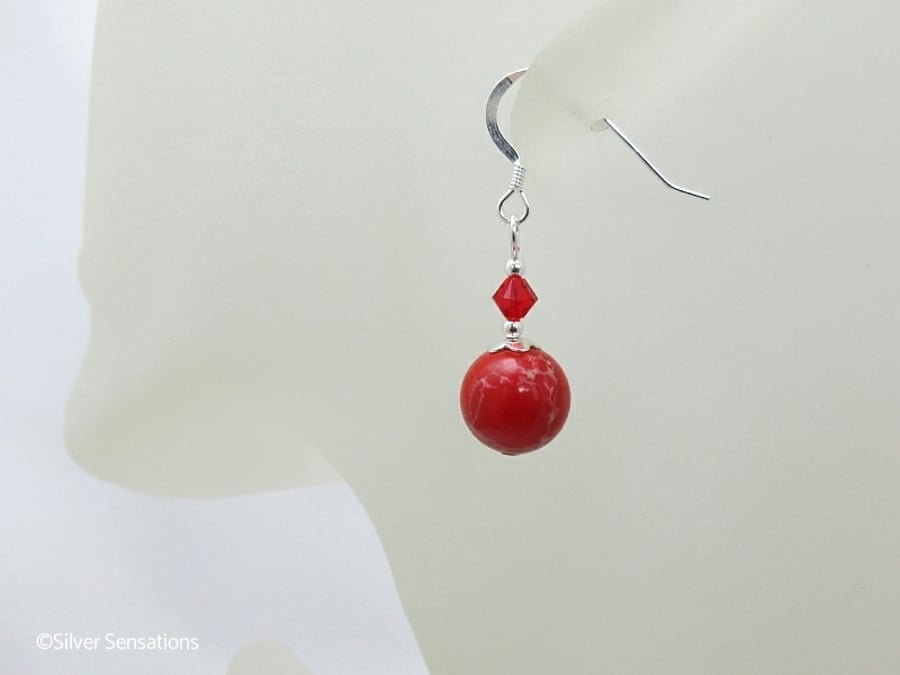 Red Impression Jasper Gemstone Earrings With Swarovski Crystals & Sterl Silver