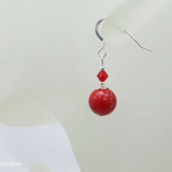 Red Impression Jasper Gemstone Earrings With Swarovski Crystals & Sterl Silver