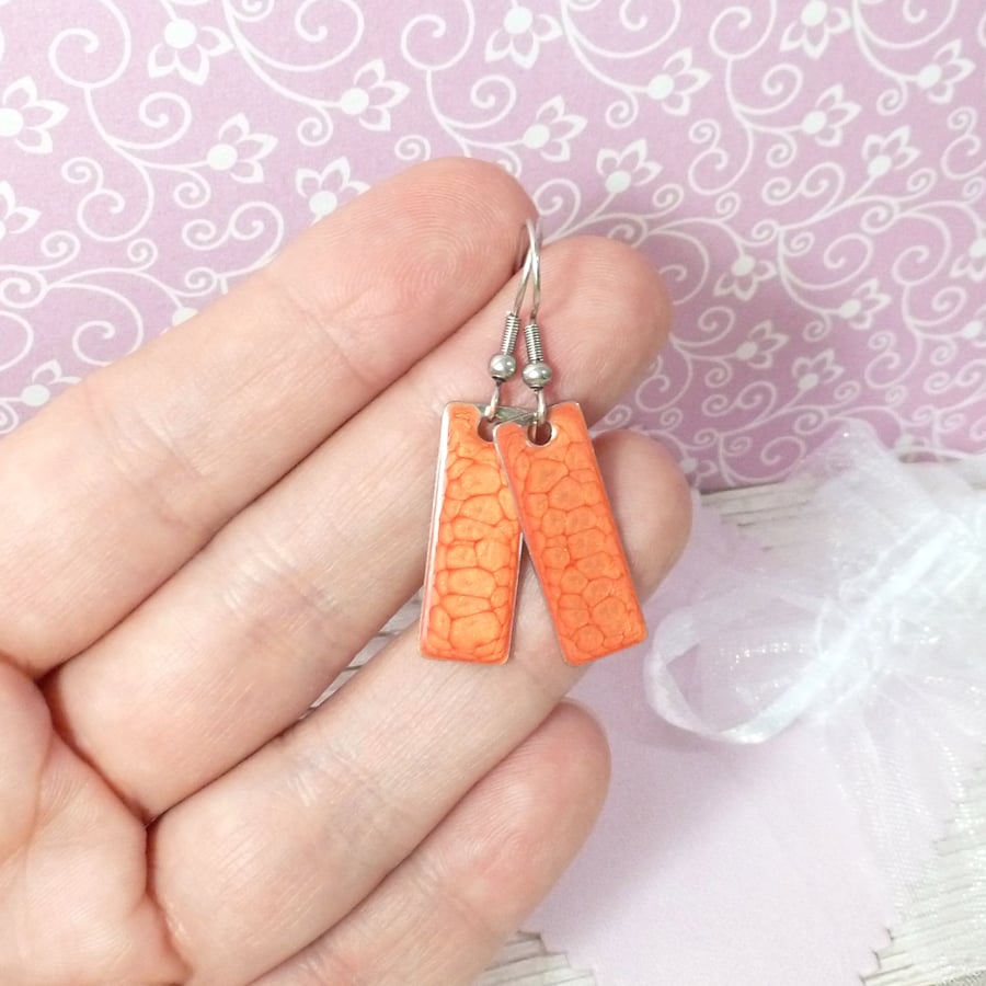 Bright orange dangle earrings, colourful dainty steel earrings
