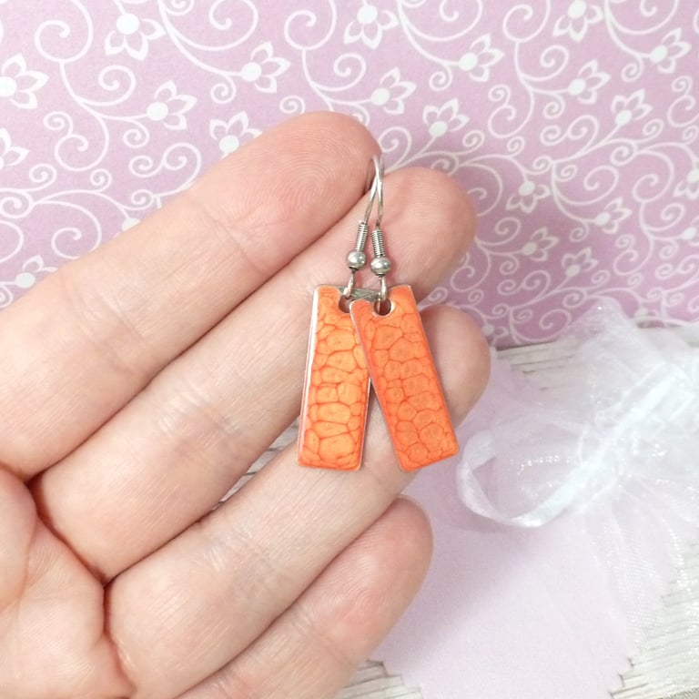 Bright orange dangle earrings, colourful dainty steel earrings
