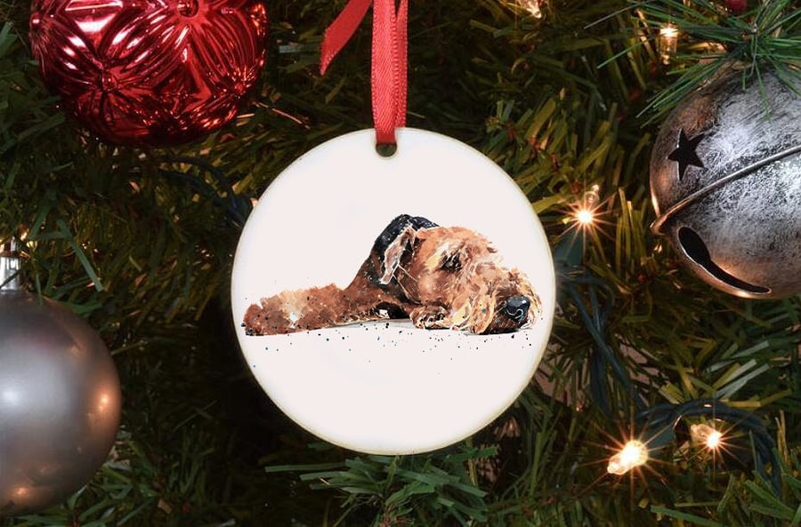Airedale Terrier IV Ceramic Circle Tree Decoration.Airedale Terrier Xmas Tree De