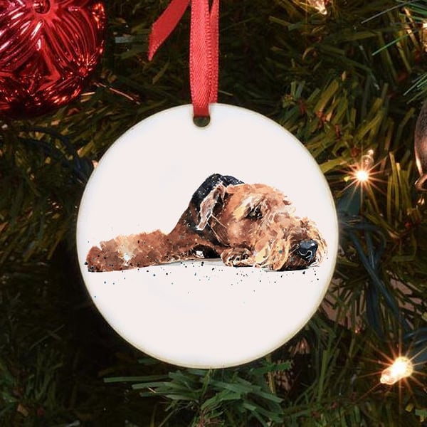 Airedale Terrier IV Ceramic Circle Tree Decoration.Airedale Terrier Xmas Tree De