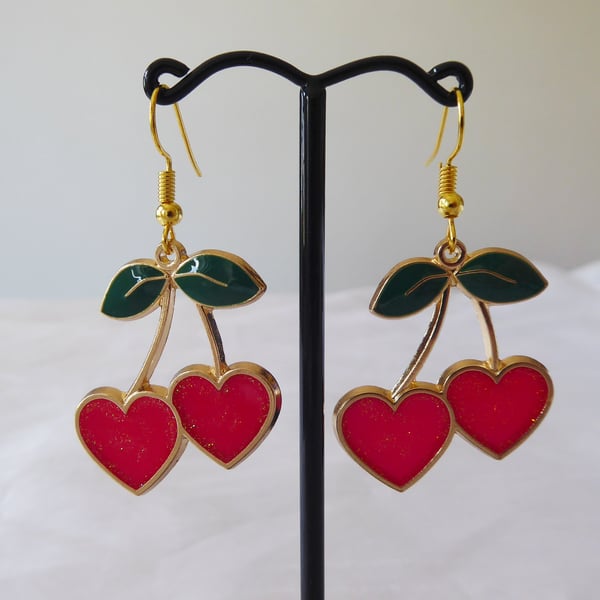 Heart Shaped Cherries Enamelled Earrings with gold plated ear wires
