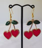Heart Shaped Cherries Enamelled Earrings with gold plated ear wires