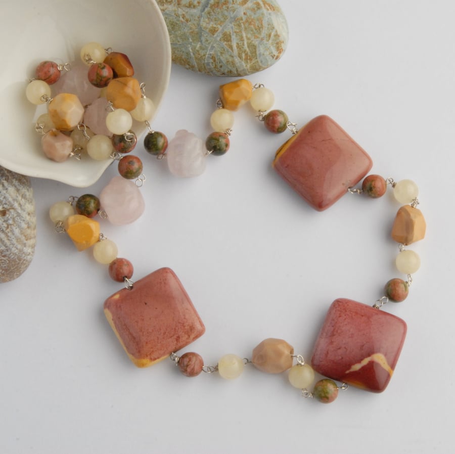 Mookaite and rose quartz beaded sterling silver necklace (pink, cream, yellow)