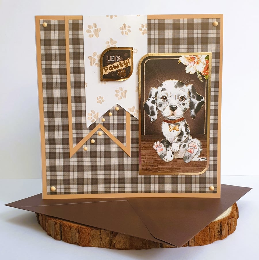"Let's Pawty" Greeting Card, Dalmatian, Puppy Love, Brown-Beige, Square, Blank
