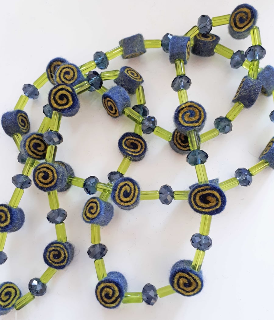 Navy and Lime Felt Necklace with Lime Green and Dark Blue Glass Beads