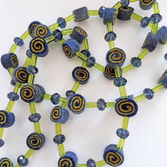 Navy and Lime Felt Necklace with Lime Green and Dark Blue Glass Beads