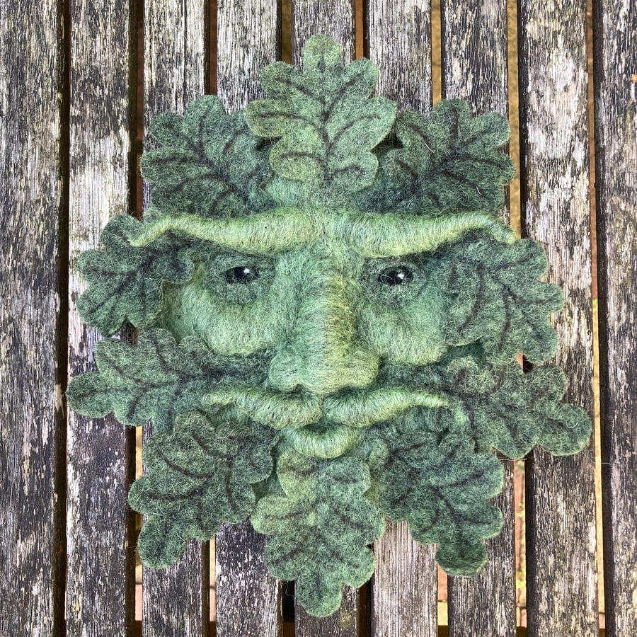 Green man wall plaque, needle felted woollen sculpture
