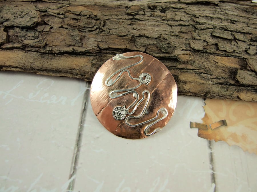Round Hammered Copper and Sterling Silver Brooch