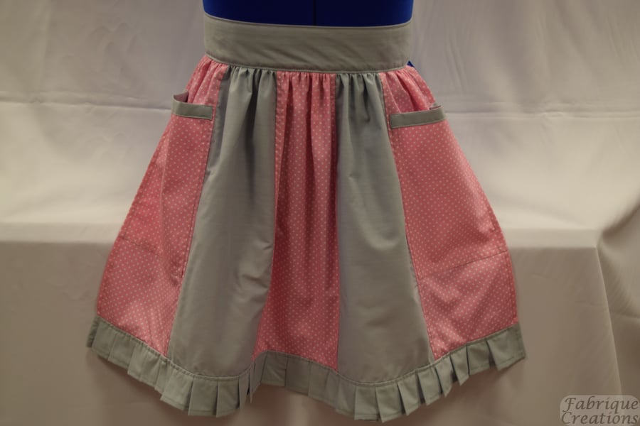 Vintage 50s Style Half Apron Pinny - Pink & White Polka Dot & Grey Panels