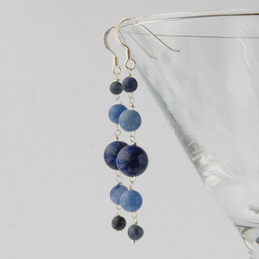 Long blue beaded sterling silver earrings (blue aventurine, sodalite and lapis)