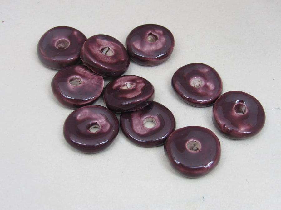 10 Medium Aubergine Purple Glazed Ceramic Washer Beads