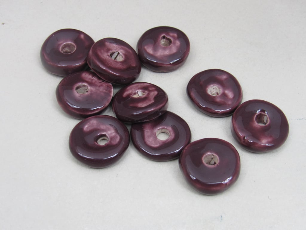 10 Medium Aubergine Purple Glazed Ceramic Washer Beads