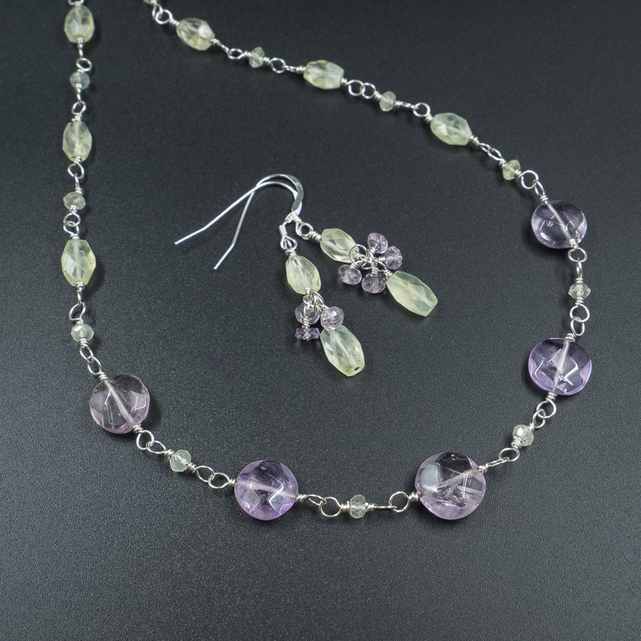 Prehnite, lavender amethyst and silver necklace and earring set