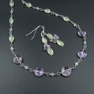 Prehnite, lavender amethyst and silver necklace and earring set
