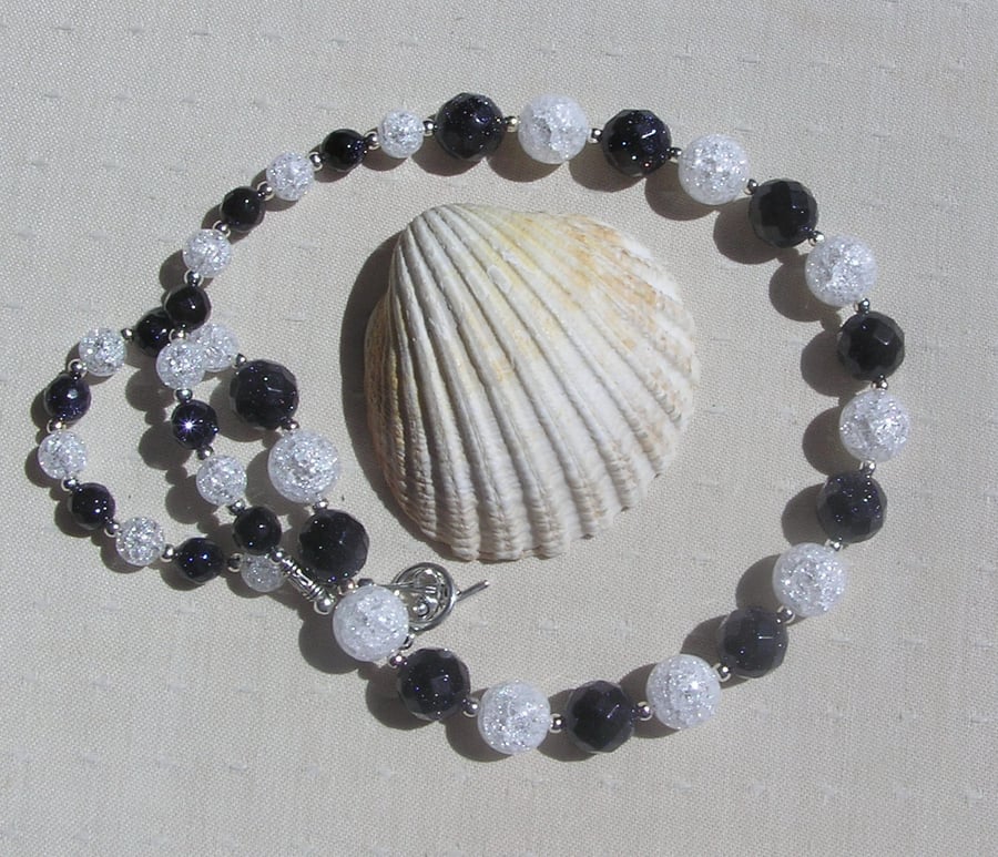 Blue Goldstone & Clear Quartz Gemstone Crystal Chakra Necklace "Azure Sparkle"