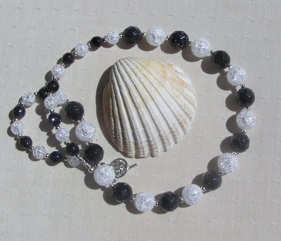 Blue Goldstone & Clear Quartz Gemstone Crystal Chakra Necklace "Azure Sparkle"