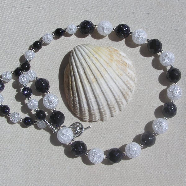 Blue Goldstone & Clear Quartz Gemstone Crystal Chakra Necklace "Azure Sparkle"