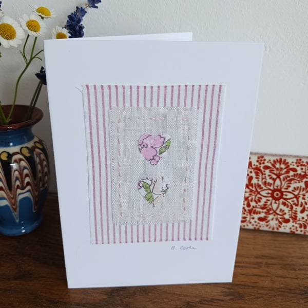 Vintage French Hearts hand stitched fabric card - CLEARANCE