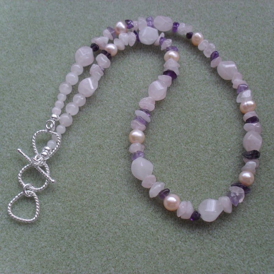 Rose Quartz, Amethyst and Freshwater Cultured Pearl Necklace