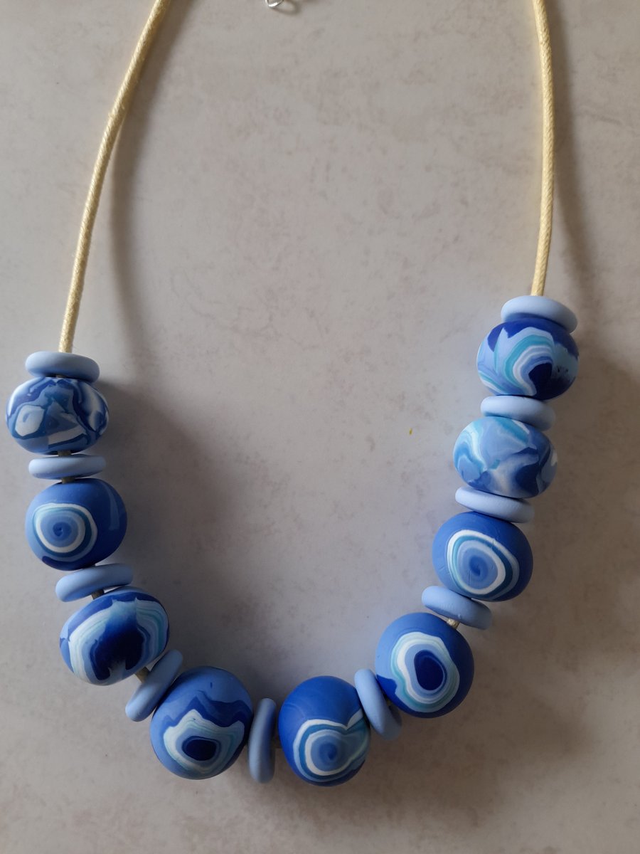 POLYMER CLAY BLUE MARBLE NECKLACE - FREE UK SHIPPING 