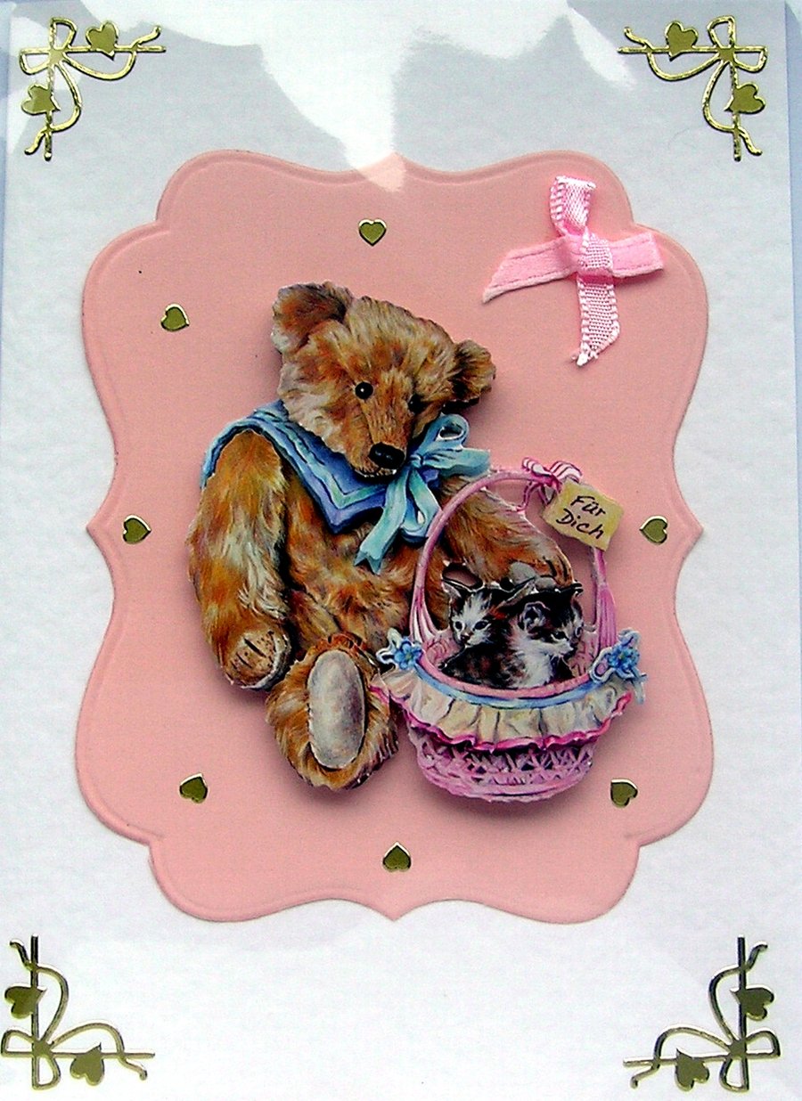 Teddy Bear Hand Crafted 3D Decoupage Card - Blank for any Occasion (2326)