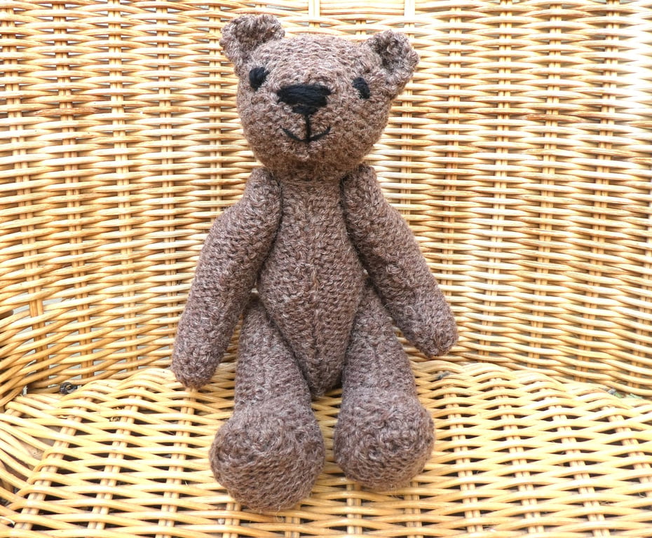 Handmade 8" Brown Teddy Bear knitted in 100% Wool
