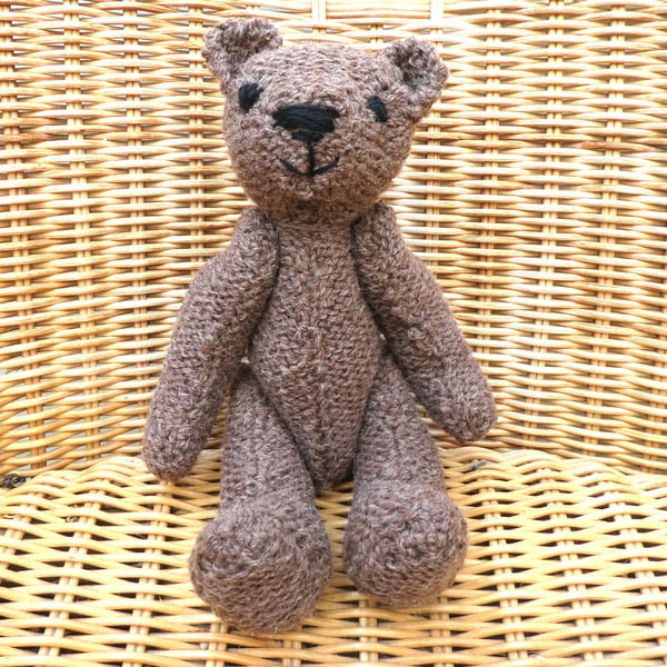 Handmade 8" Brown Teddy Bear knitted in 100% Wool
