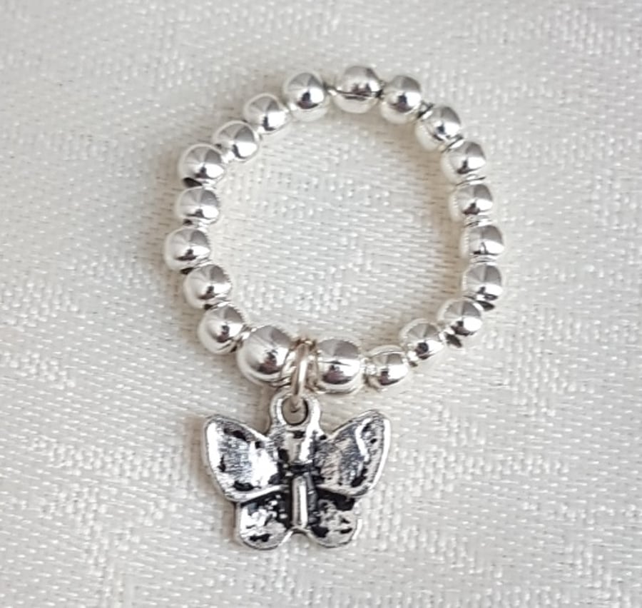 Beautiful Silver Bead Ring with Butterfly charm - UK Ring Size K