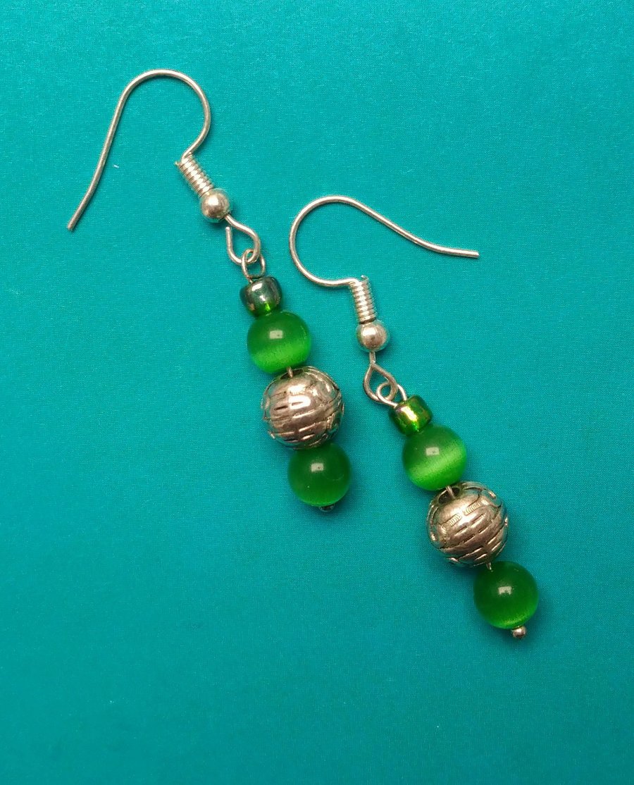 Tibetan Silver and Green Glass Earrings