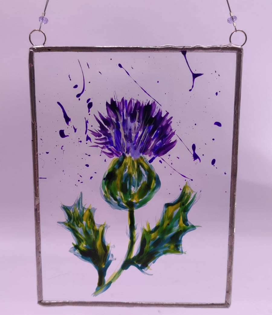Handmade glass painted window hanging, Scottish thistle, flower of Scotland 