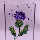 Handmade glass painted window hanging, Scottish thistle, flower of Scotland 