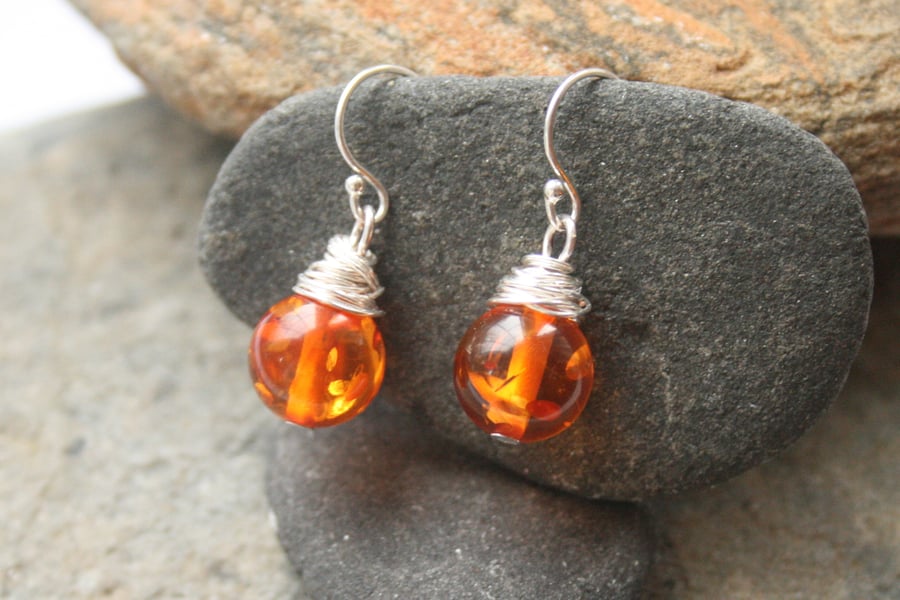 Wire wrapped amber earrings, sterling silver earrings, gemstone earrings