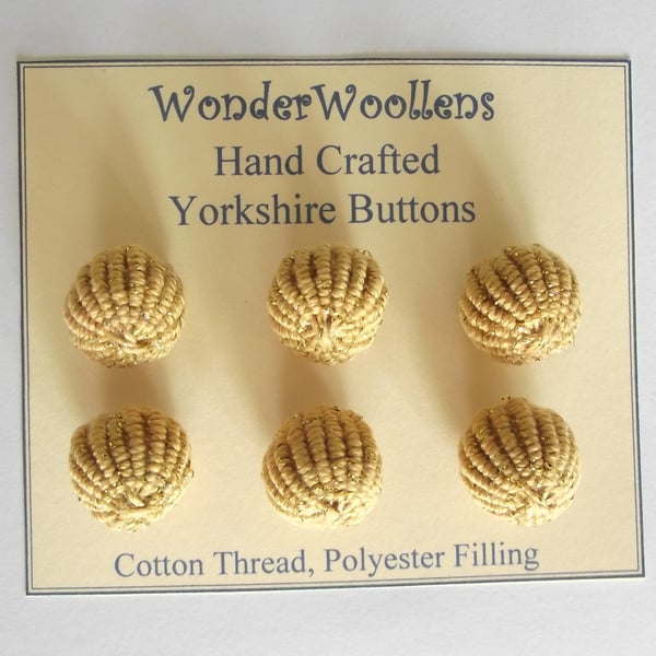 Yorkshire Buttons, Embellishments, Cotton Thread, Set of Six, Gold