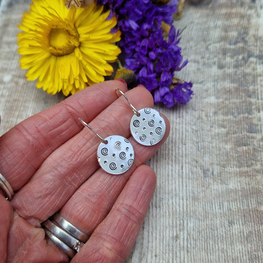 Sterling Silver Hand Stamped Spiral Disc Earrings