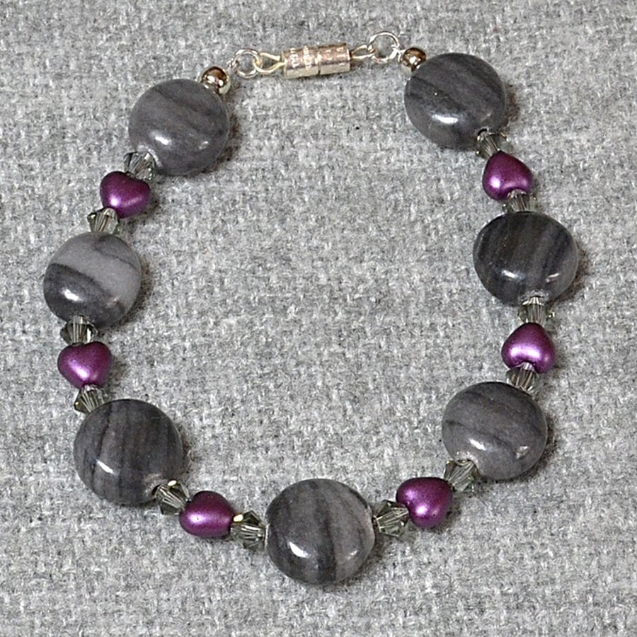 Grey Stone Disc Bead and Purple Heart Bracelet with Smoky Crystal Bicones