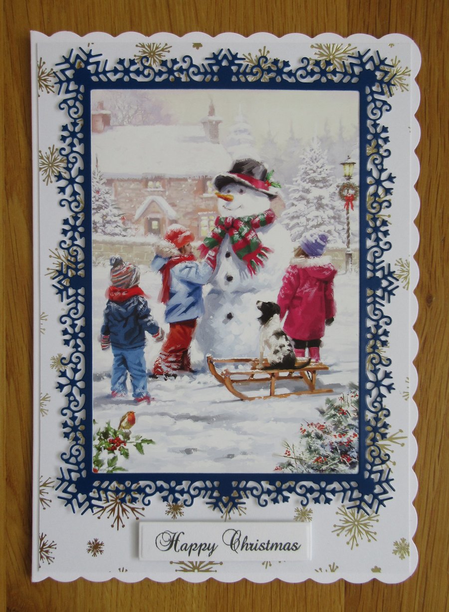 Building a Snowman - A5 Christmas Card - Navy