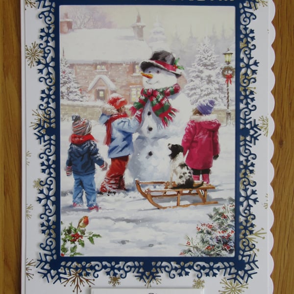 Building a Snowman - A5 Christmas Card - Navy