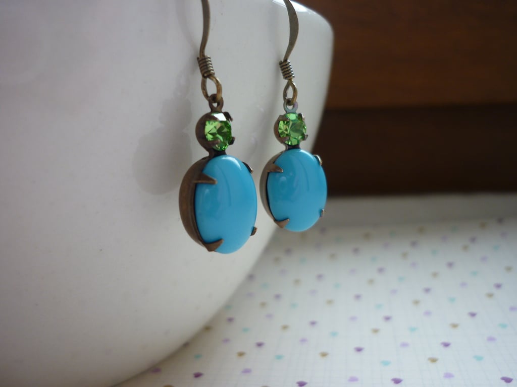TURQUOISE, PERIDOT GREEN & PATINA BRASS EARRINGS.  1023