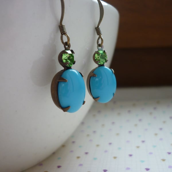 TURQUOISE, PERIDOT GREEN & PATINA BRASS EARRINGS.  1023