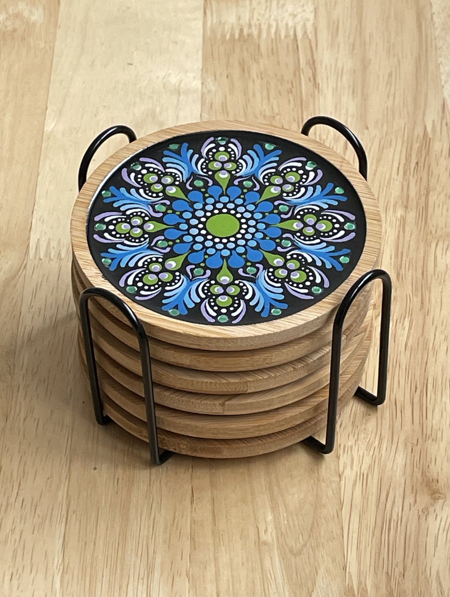 Coaster Set of 6 Blue Mandala Hand Painted Unique With Metal Coaster Holder