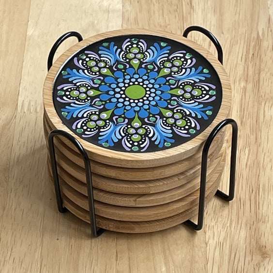 Coaster Set of 6 Blue Mandala Hand Painted Unique With Metal Coaster Holder